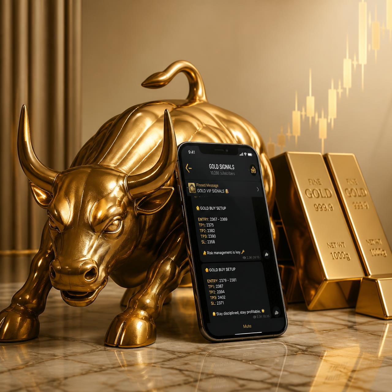 Golden bull, stacked gold bars and a smartphone showing Gold Edge Telegram trading signals
